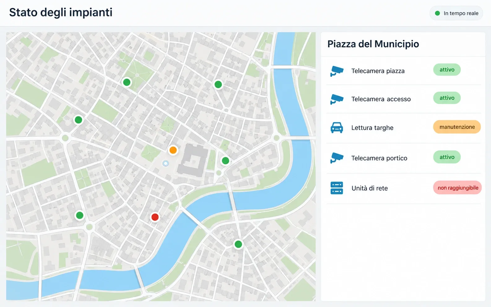 Mappa degli impianti con i punti colorati per stato e il dettaglio dei dispositivi di una piazza: attivi, in manutenzione, non raggiungibili