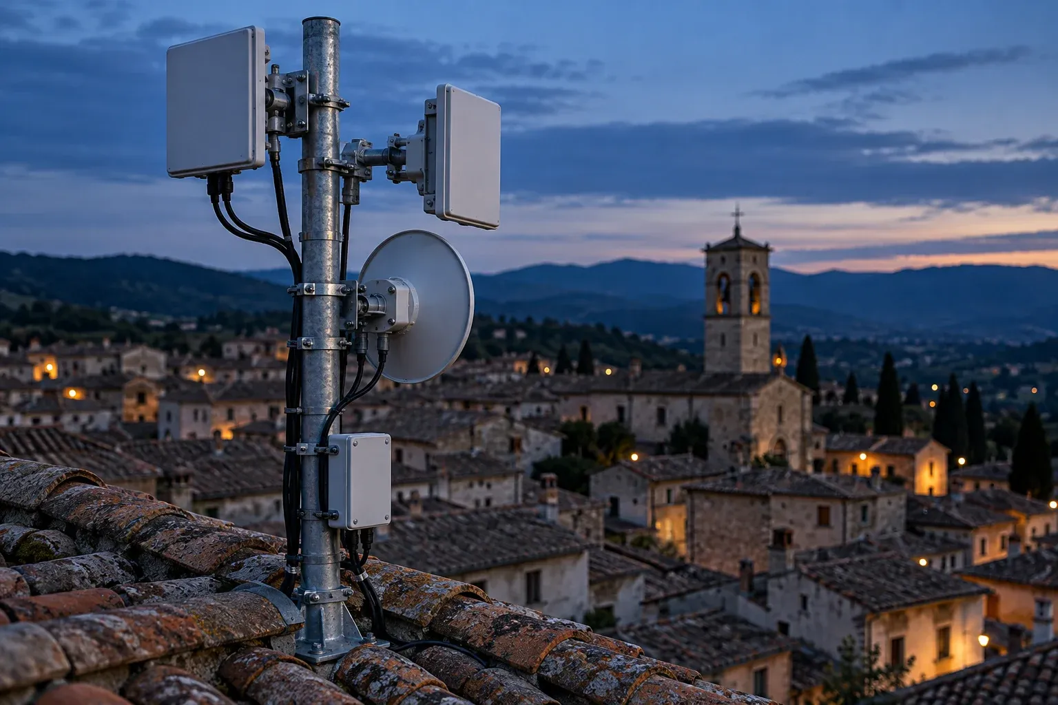 Antenne di ponte radio su un palo sopra i tetti del centro storico, al crepuscolo
